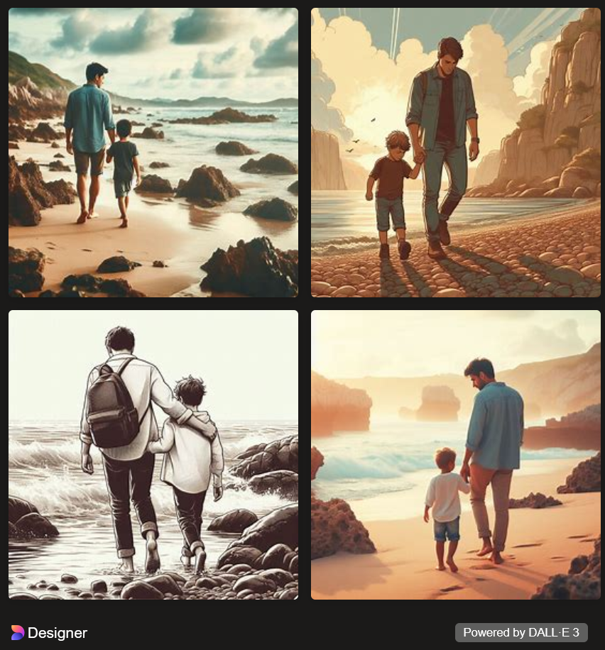 Iterate your generative AI content prompts to improve the results. This is a square image featuring four pictures created by DALL-E 3 Of a father ans son walking hand in hand on the beach