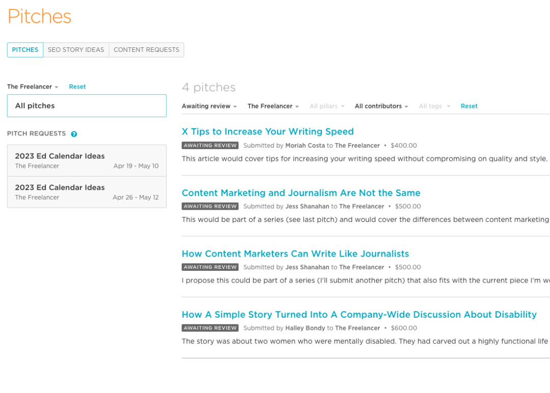 This is a graphic of a list of pitches from the Contently platform. It is being used in an article about content marketing platforms